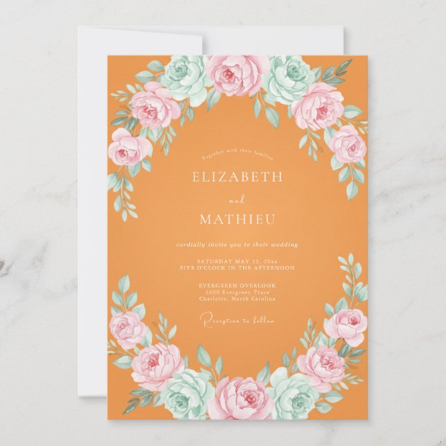 Convite Casamento de Ranunculus Eucalipto Laranja Rosa (Frente)