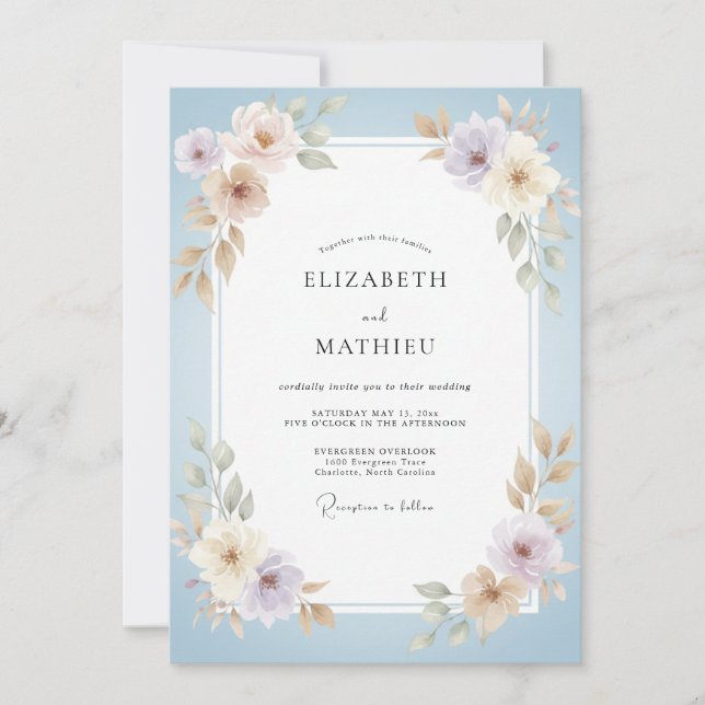 Convite Casamento de Ranunculus Eucalipto Lavanda Azul Pó (Frente)