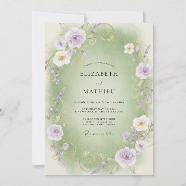 Convite Casamento de Ranunculus Eucalipto Lilás Celadão (Frente)