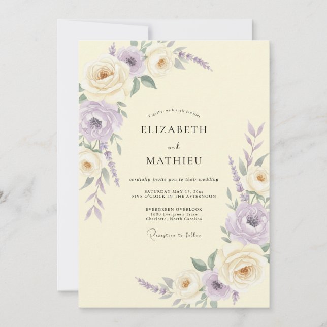 Convite Casamento de Ranunculus Eucalipto Lilás Marfim (Frente)
