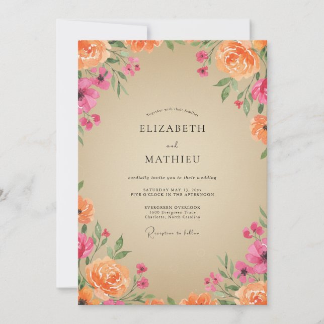 Convite Casamento de Ranunculus Eucalipto Magenta Pêssego (Frente)