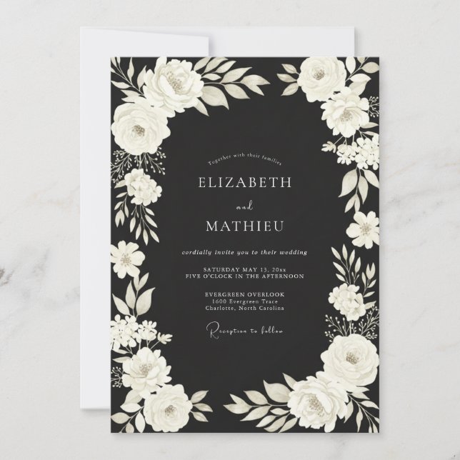 Convite Casamento de Ranunculus Eucalipto Marfim Preto (Frente)