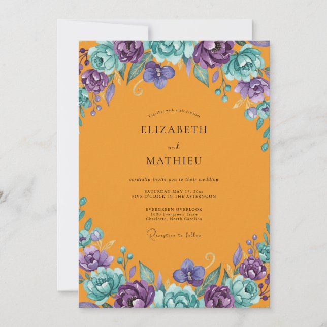 Convite Casamento de Ranunculus Eucalipto Marigold Roxo (Frente)