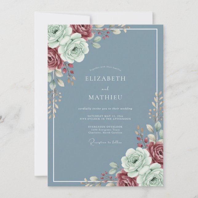 Convite Casamento de Ranunculus Eucalipto Marrom Aço (Frente)