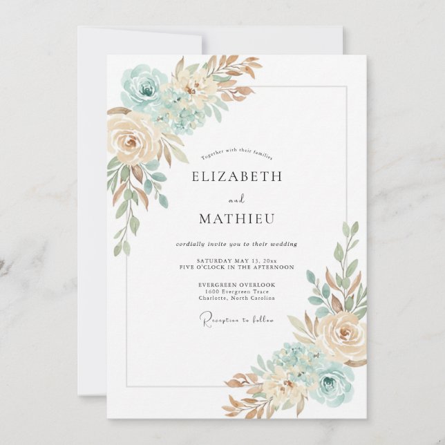 Convite Casamento de Ranunculus Eucalipto Menta Champanhe (Frente)