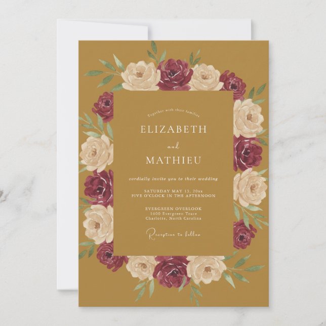 Convite Casamento de Ranunculus Eucalipto Mostarda Borgonh (Frente)