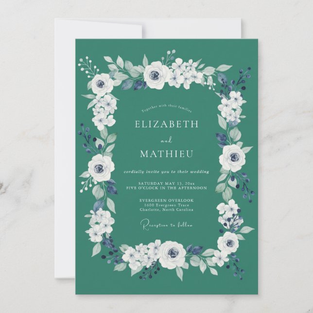 Convite Casamento de Ranunculus Eucalipto no Mar Profundo (Frente)