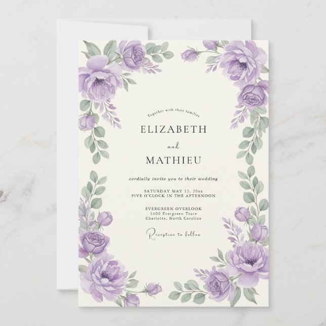 Convite Casamento de Ranunculus Eucalipto Prata e Ametista (Frente)