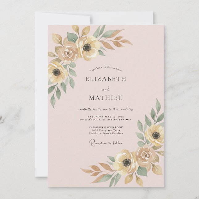 Convite Casamento de Ranunculus Eucalipto Rosa Champanhe (Frente)