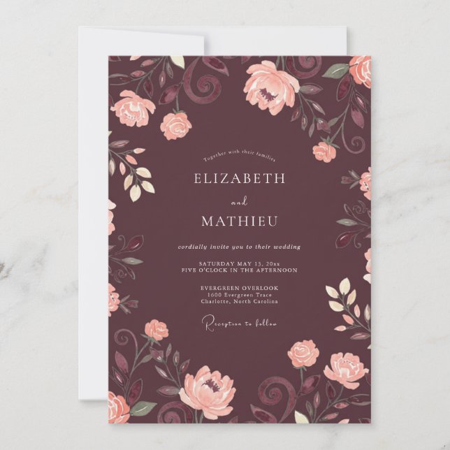 Convite Casamento de Ranunculus Eucalipto Rosa Macia Ameix (Frente)