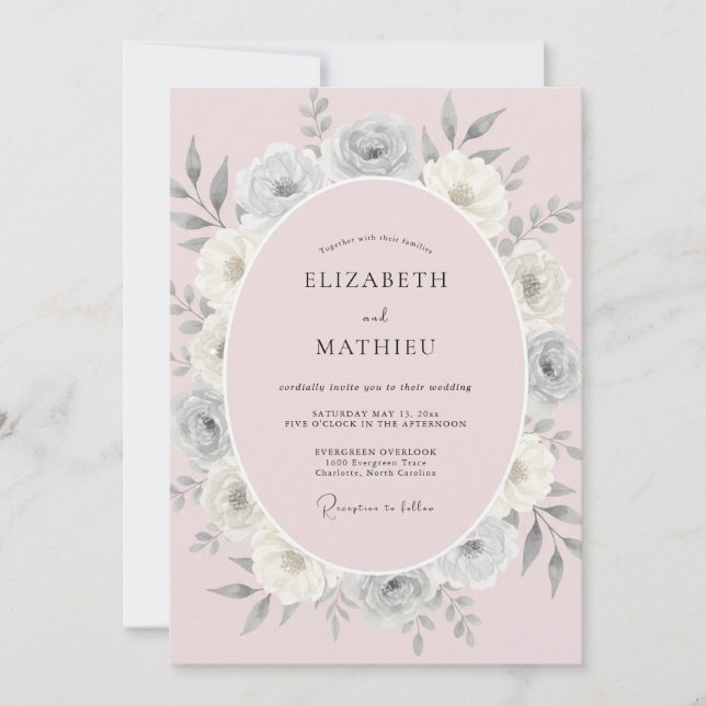 Convite Casamento de Ranunculus Eucalipto Rosa Pálido (Frente)