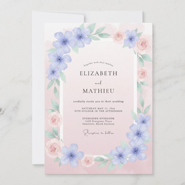 Convite Casamento de Ranunculus Eucalipto Rosa Pastel Azul (Frente)