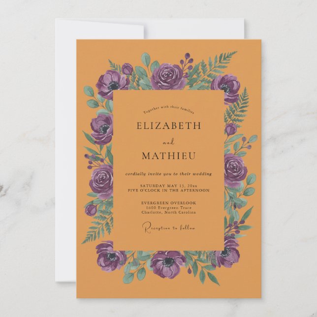Convite Casamento de Ranunculus Eucalipto Roxo Âmbar (Frente)