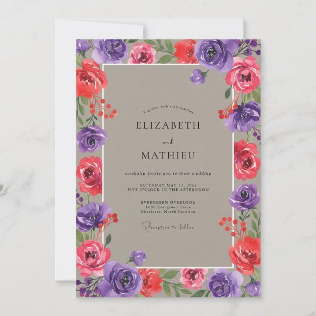 Convite Casamento de Ranunculus Eucalipto Roxo Ameixa (Frente)