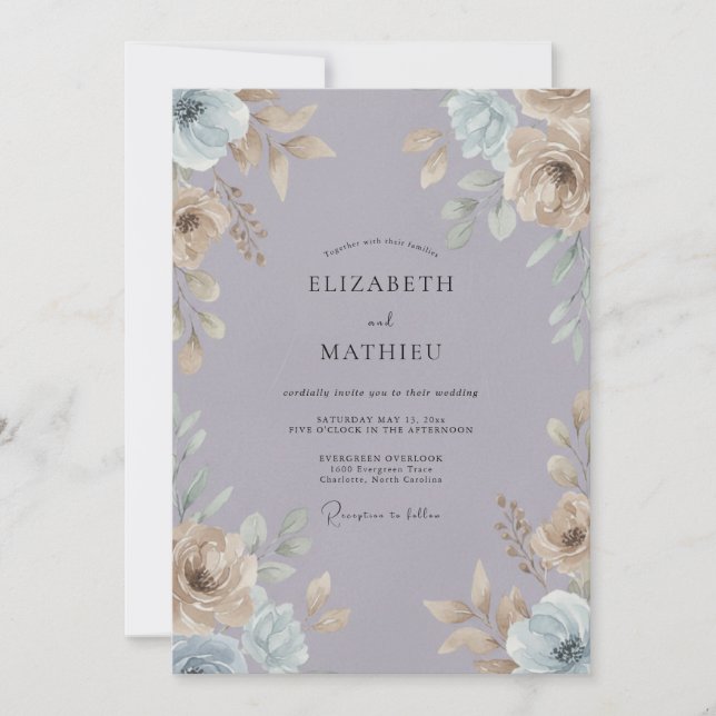 Convite Casamento de Ranunculus Eucalipto Roxo Ardósia (Frente)