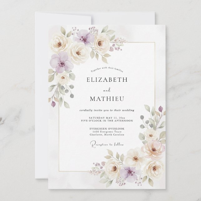 Convite Casamento de Ranunculus Eucalipto Roxo Claro (Frente)
