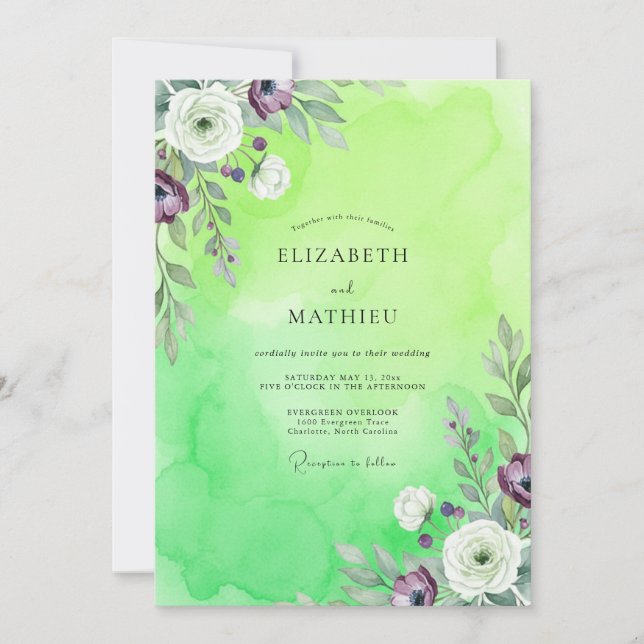 Convite Casamento de Ranunculus Eucalipto Roxo Lima (Frente)