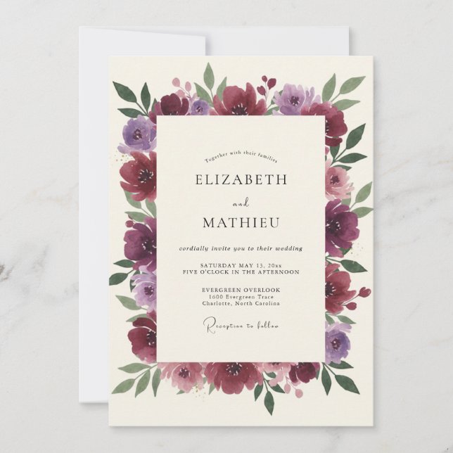 Convite Casamento de Ranunculus Eucalipto Roxo-Malva (Frente)