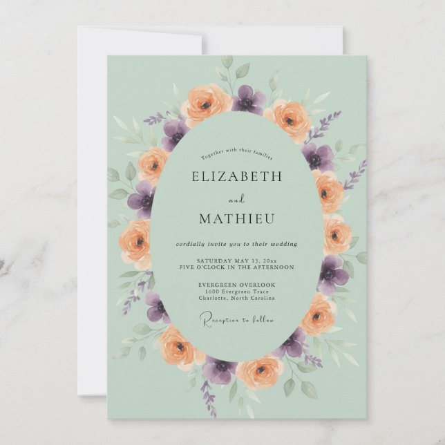 Convite Casamento de Ranunculus Eucalipto Roxo Pêssego (Frente)