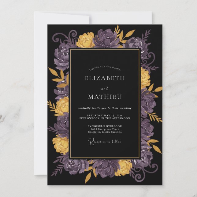 Convite Casamento de Ranunculus Eucalipto Roxo Preto (Frente)