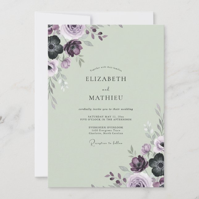 Convite Casamento de Ranunculus Eucalipto Salvia Ameixa (Frente)