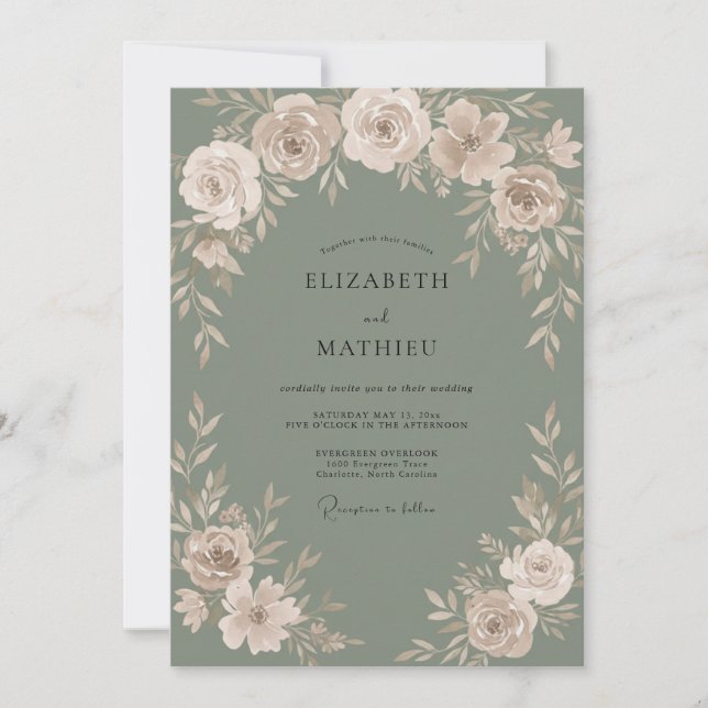 Convite Casamento de Ranunculus Eucalipto Salvia Champagne (Frente)