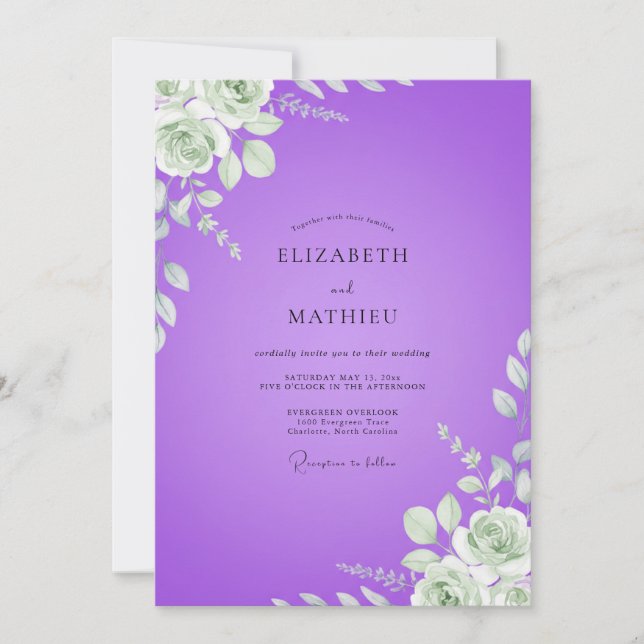 Convite Casamento de Ranunculus Eucalipto Violeta (Frente)