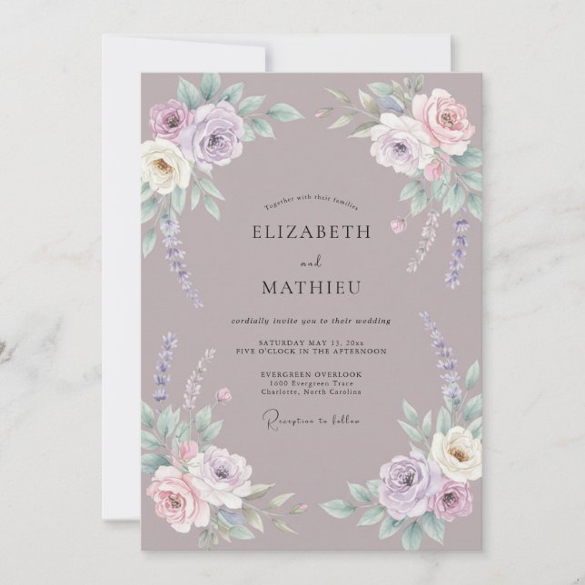 Convite Casamento de Ranunculus Eucalipto Violeta Empoeira (Frente)