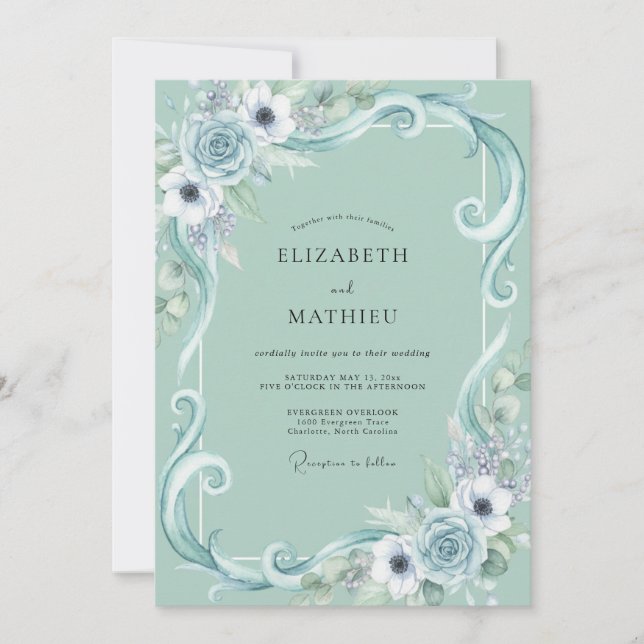 Convite Casamento de Ranunculus Filigrana Eucalipto Espuma (Frente)