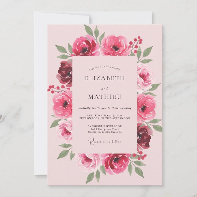 Convite Casamento de Ranunculus Fúcsia com Eucalipto Suave (Frente)