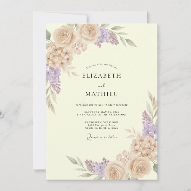 Convite Casamento de Ranunculus Lilás Champagne com Eucali (Frente)