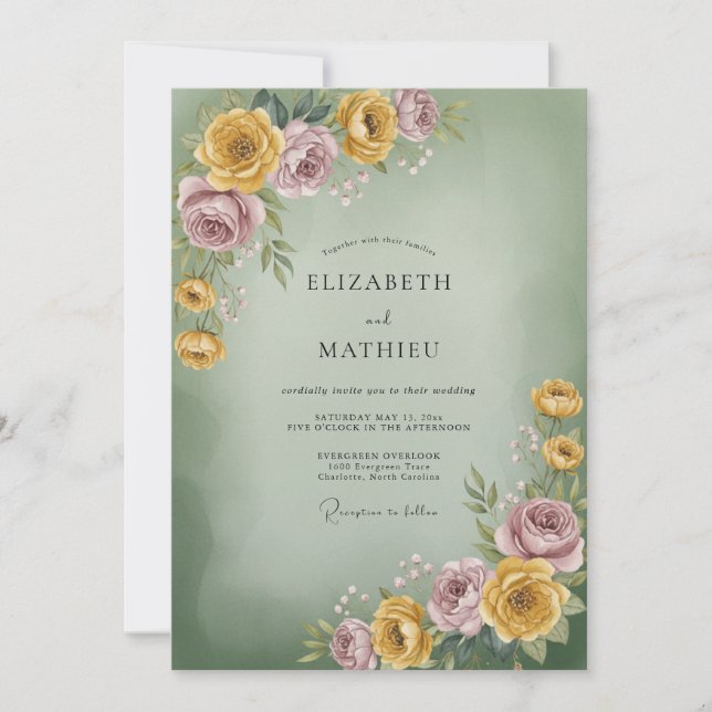 Convite Casamento de Ranunculus Lilás Eucalipto Sage Doura (Frente)