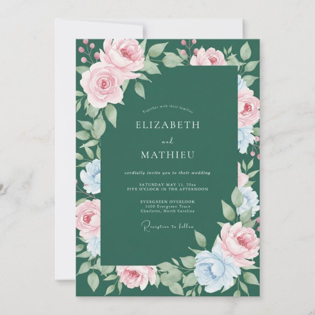 Convite Casamento de Ranunculus Pastel e Eucalipto Esmeral (Frente)