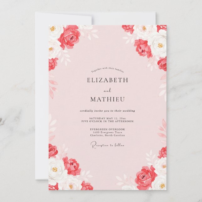 Convite Casamento de Ranunculus Pintado de Coral Empoeirad (Frente)