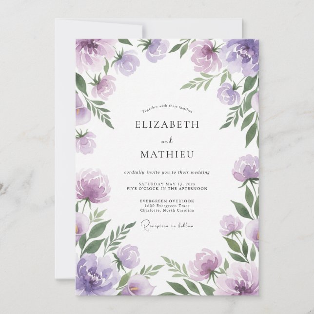 Convite Casamento de Ranunculus Pintado de Violeta (Frente)