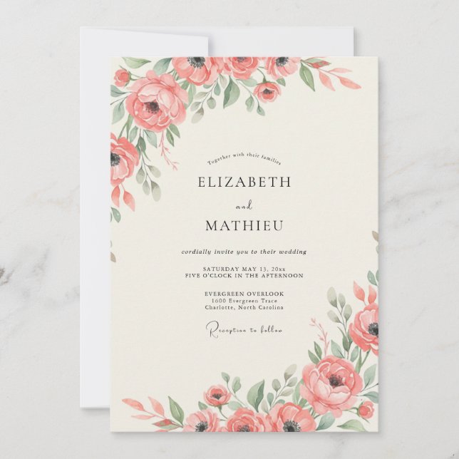 Convite Casamento de Ranunculus Salmão Eucalipto (Frente)