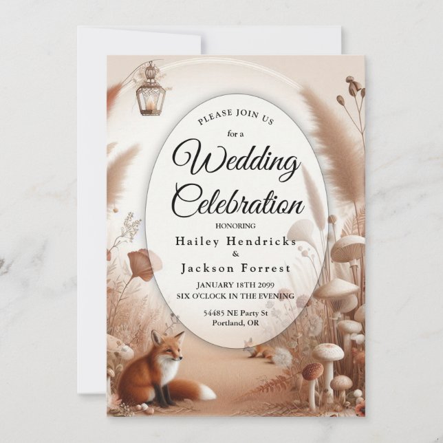 Convite Casamento de Raposas na Floresta Enfeitiçada de Ou (Frente)