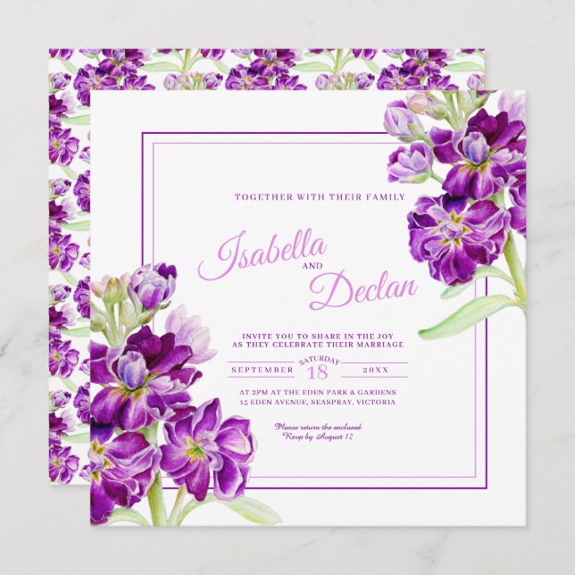 Convite Casamento de refúgio roxo flores de aquarela (Frente/Verso)