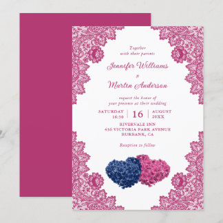 Convite Casamento de renda azul e rosa com Marinho russo