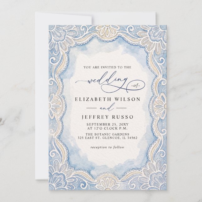 Convite Casamento de Renda Azul Poeirento Marfim Dinheiro  (Frente)