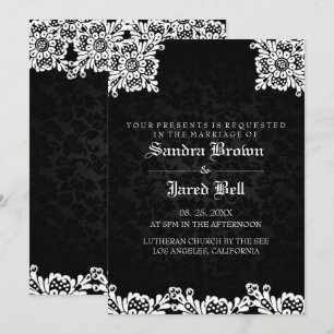 Convite Casamento de Renda Branca Damask Preto
