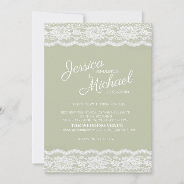 Convite Casamento de Renda Branca Verde Salvia Elegante Mo (Frente)