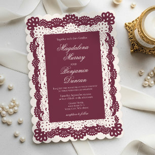 Convite Casamento de Renda Burgundy Ivory Elegante Vintage