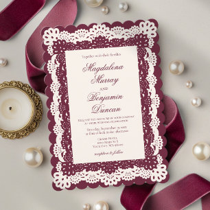 Convite Casamento de Renda Burgundy Ivory Vintage Elegante