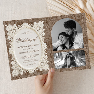 Convite Casamento de Renda com Doily Marrom Vintage Old Mo