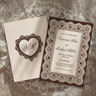 Convite Casamento de Renda Creme Marrom Escuro Vitoriano A