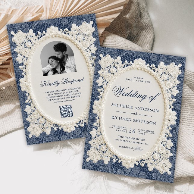 Convite Casamento de Renda de Renda Naval Azul Antigo (Criador carregado)