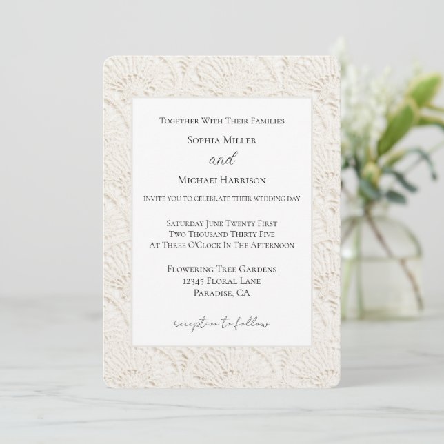 Convite Casamento de Renda Falsa Creme Branco (Em pé/Frente)