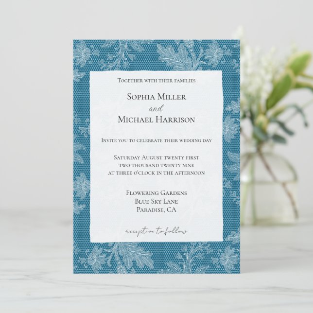 Convite Casamento de Renda Falsa Floral Branco Azul Bonito (Em pé/Frente)