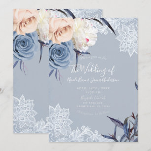 Convite Casamento de Renda Floral Azul Cinza e Pêssego Emp